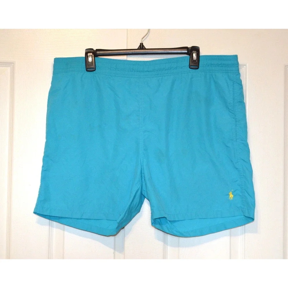 Polo Ralph Lauren Blue Swim Trunks Mens L Mesh Brief Drawstring Yellow Pony